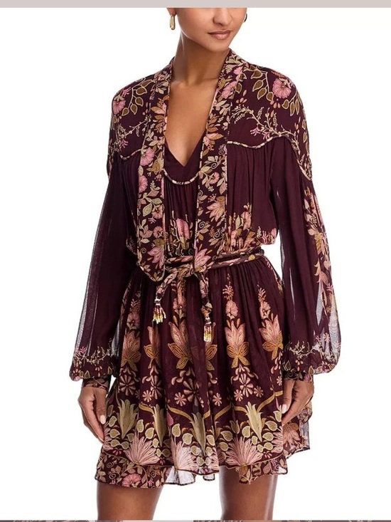 FARM Rio Dresses & Skirts - Farm Rio Floral Boho Tie-Waist Mini Dress in Plum